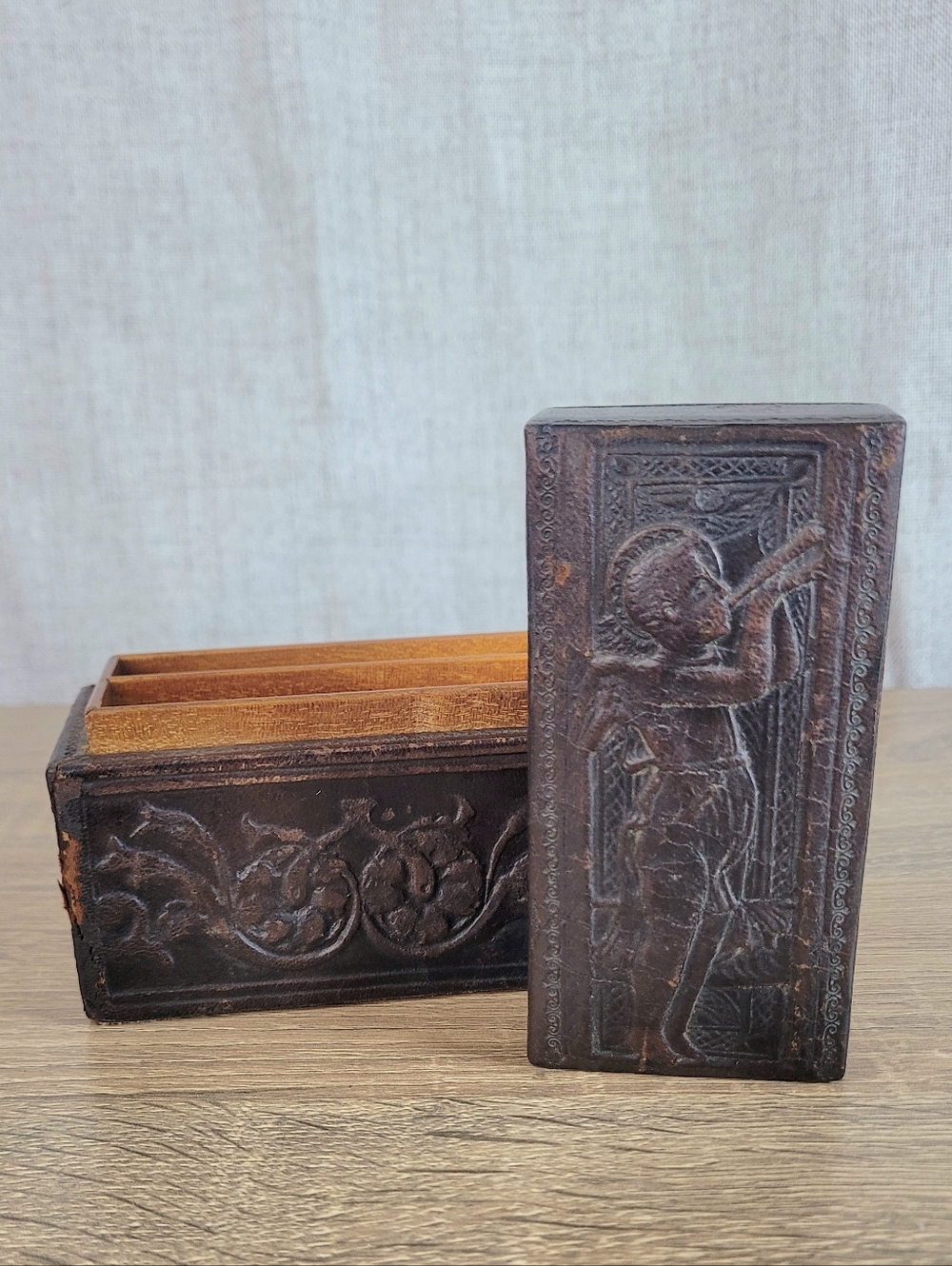 Antique Embossed Leather Dark Brown Carved Wooden Double Playing Card Holder